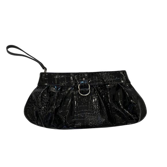 Apt. 9 Black Faux Patent Leather Crocodile Embossed Clutch Purse, Snap Closure - Picture 3 of 9